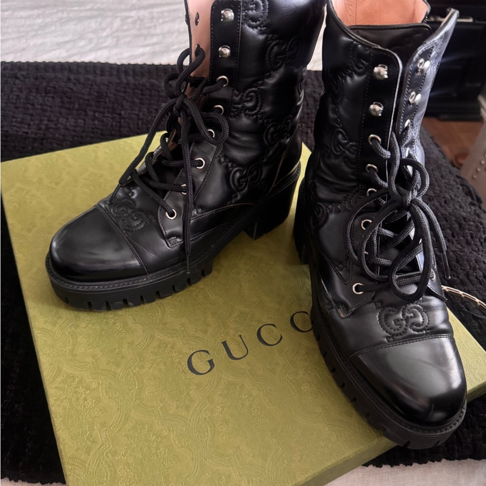 Gucci Black Combat Moto Boots with Rugged Sole